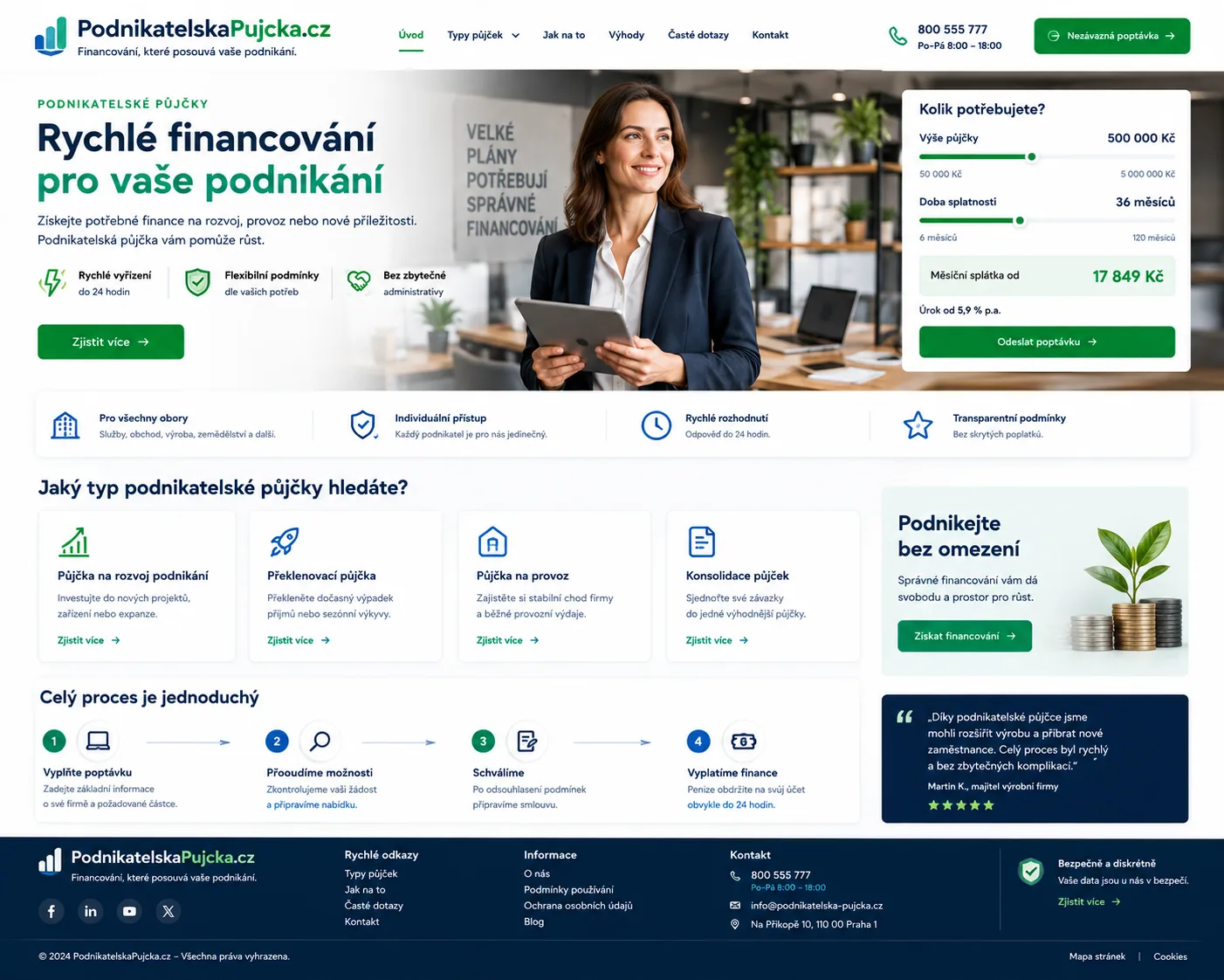 Ilustrační návrh webu PodnikatelskaPujcka.cz pro přehled možností financování podnikání